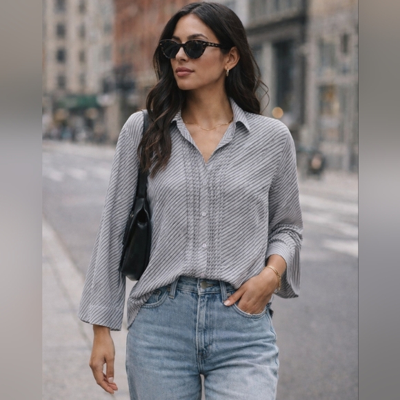 Grace Dane Lewis Tops - Grace Dane Lewis | Striped Silk Button-Up Shirt, Size 14 (Made Small)